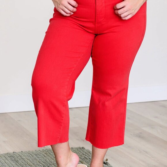 LISA HIGH RISE CONTROL TOP WIDE LEG CROP JEANS IN RED - Picture 2 of 9